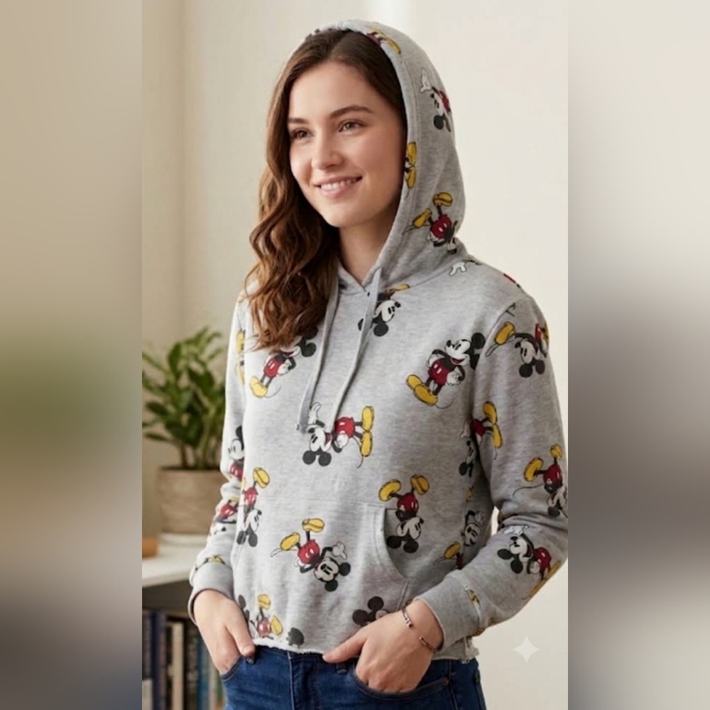 ​✨ Disney Mickey Mouse All Over Print Raw Hem Cropped Hoodie Sweater Gray XL